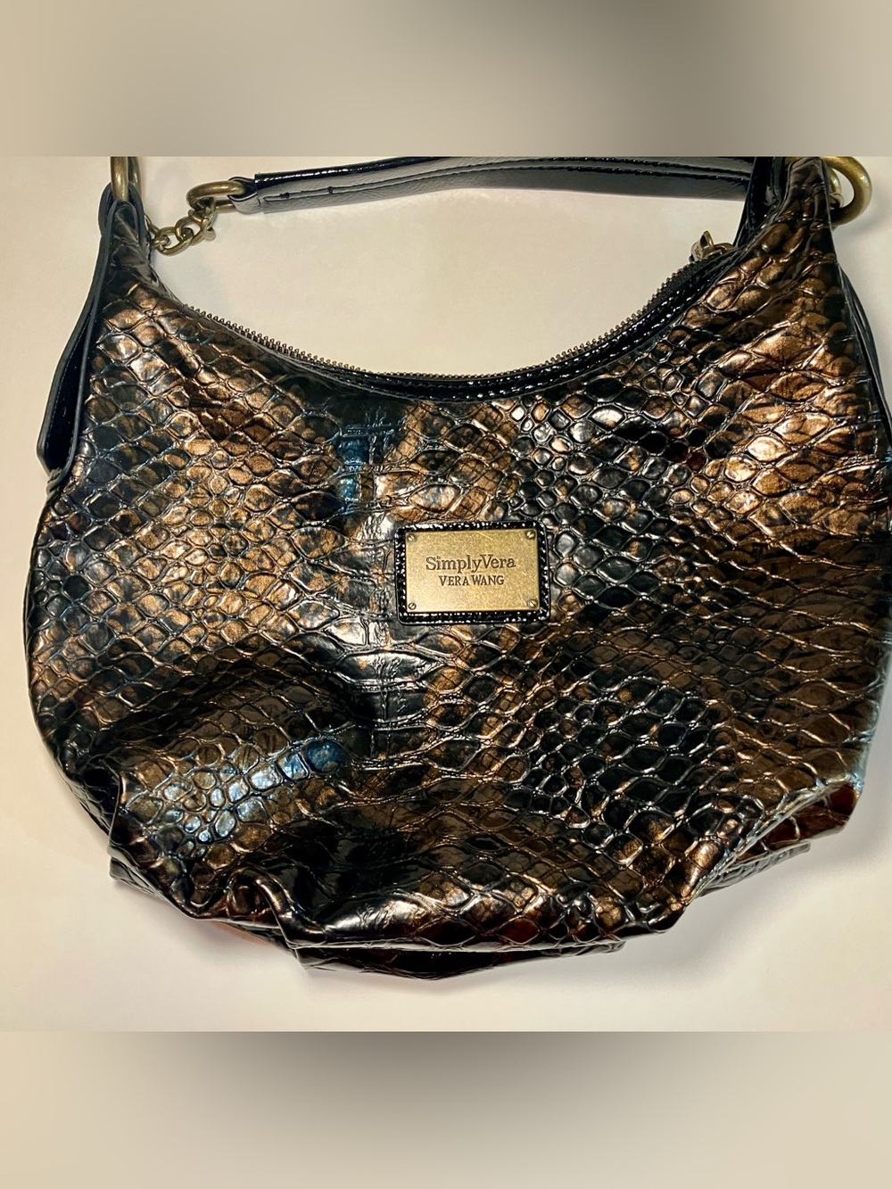 Simply Vera Vera Wang Bronze Black Croc Hobo Bag Metallic